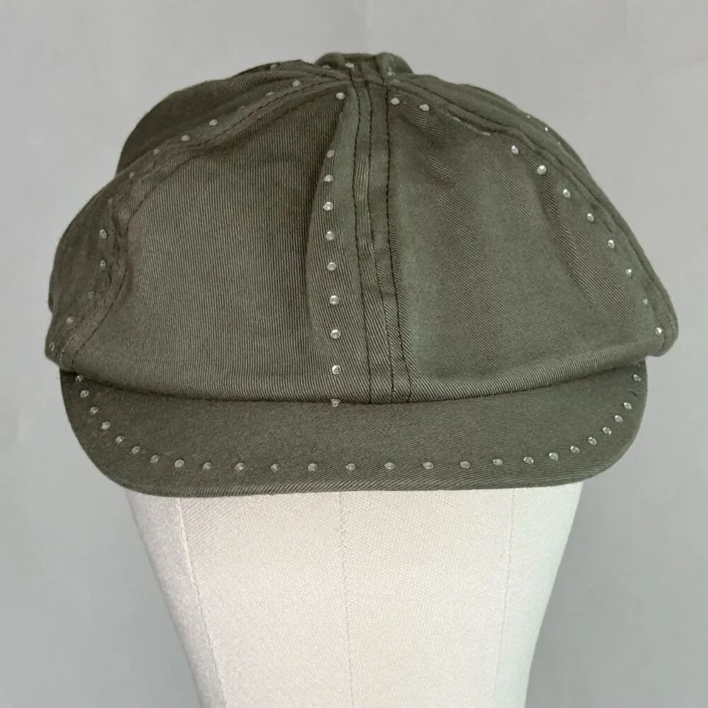 BONGO Newsboy Hat Cap One Size Khaki Olive Green Mini Rhinestones Y2K 90s Bling